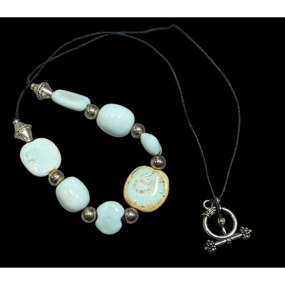 Handmade Light Blue Ceramic Beaded Necklace With Silver Tone Accents